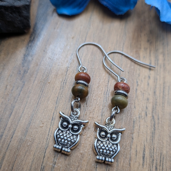 Silver Owl Earrings with Multicolor Beads - Picture 3 of 6